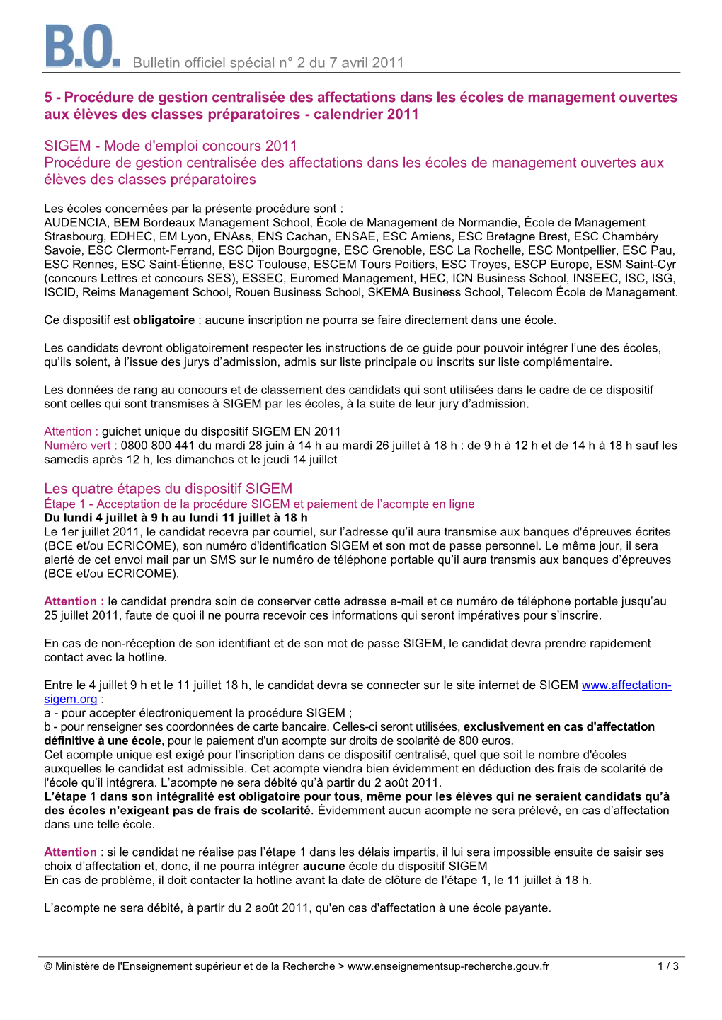 Procédure De Gestion Centralisée Des Affectations Dans Les Écoles De Management Ouvertes Aux Élèves Des Classes Préparatoires - Calendrier 2011