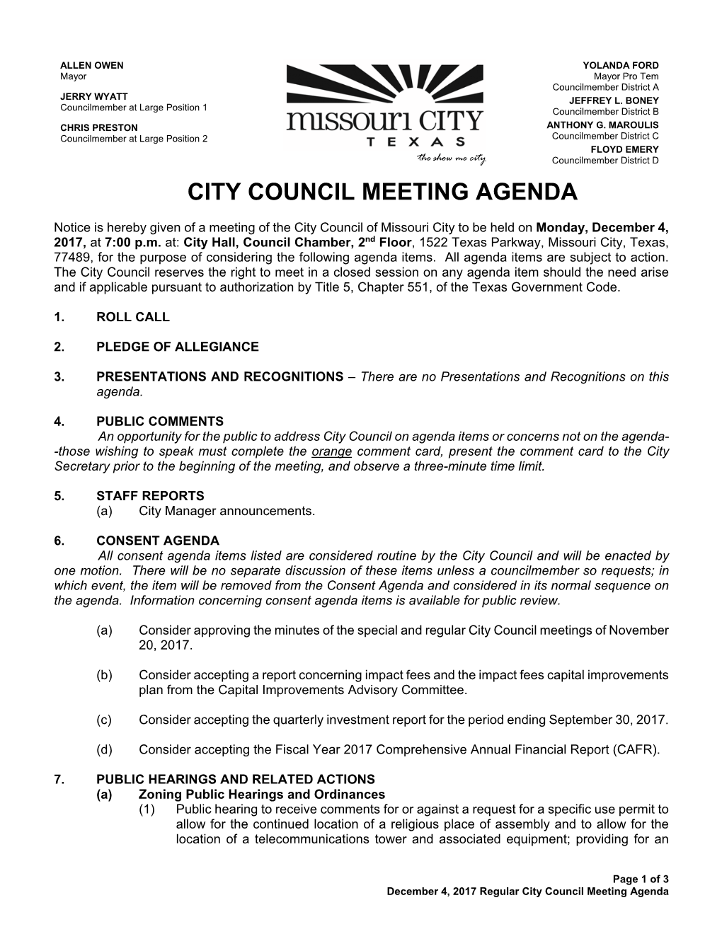 City Council Meeting Agenda