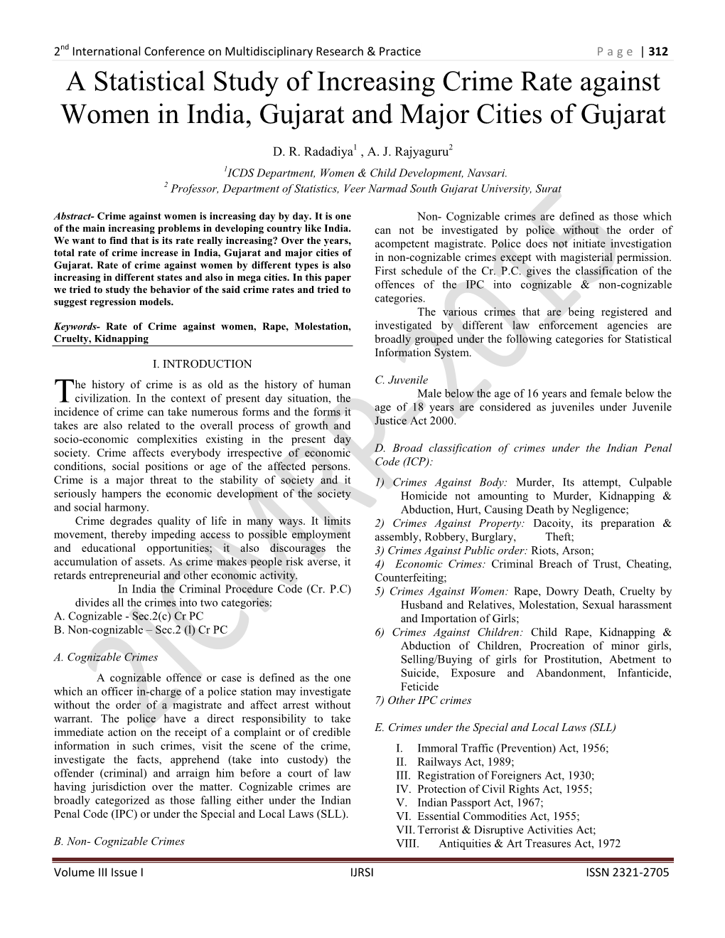 A Statistical Study of Increasing Crime Rate Against Women in India, Gujarat and Major Cities of Gujarat