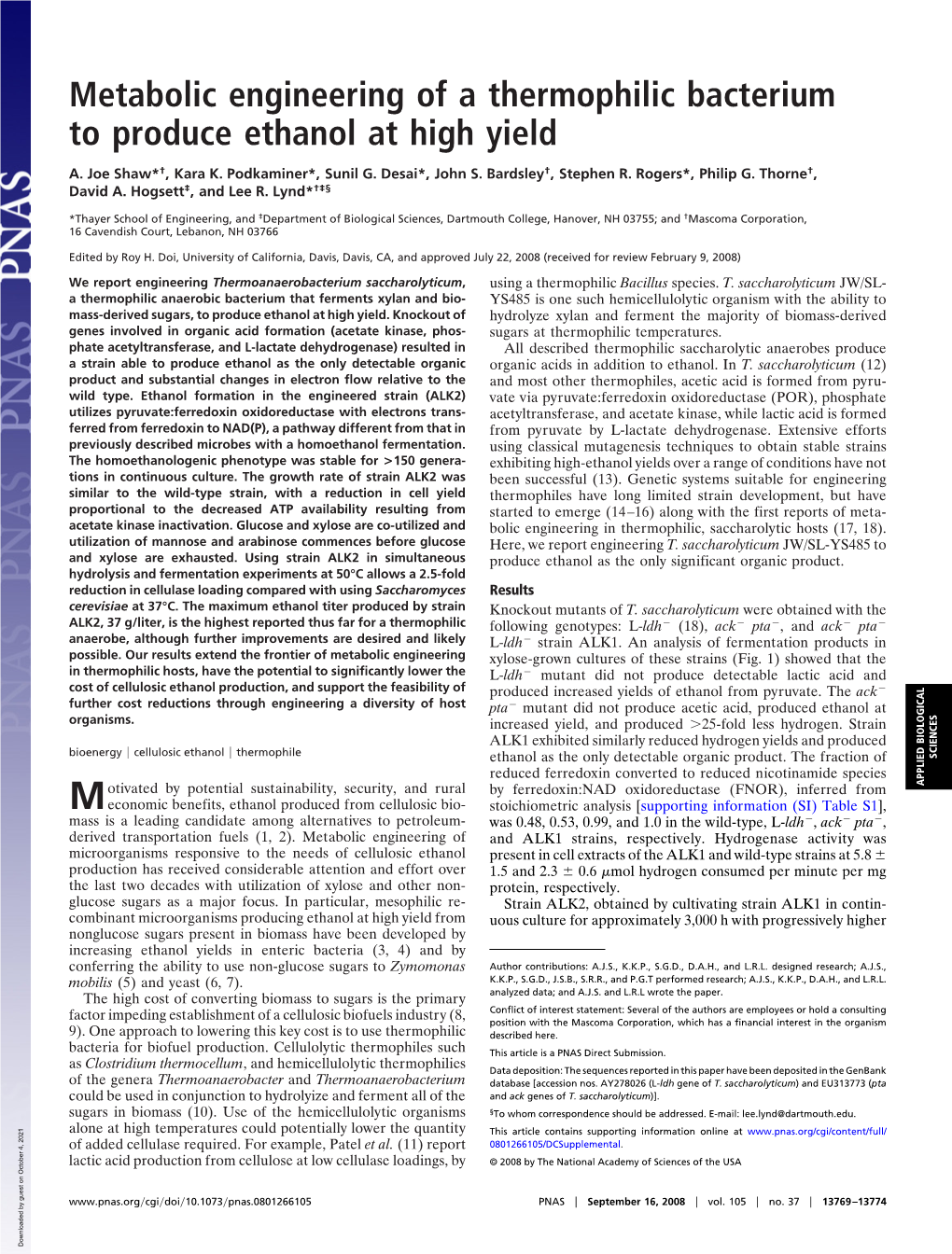 Metabolic Engineering of a Thermophilic Bacterium to Produce Ethanol at High Yield