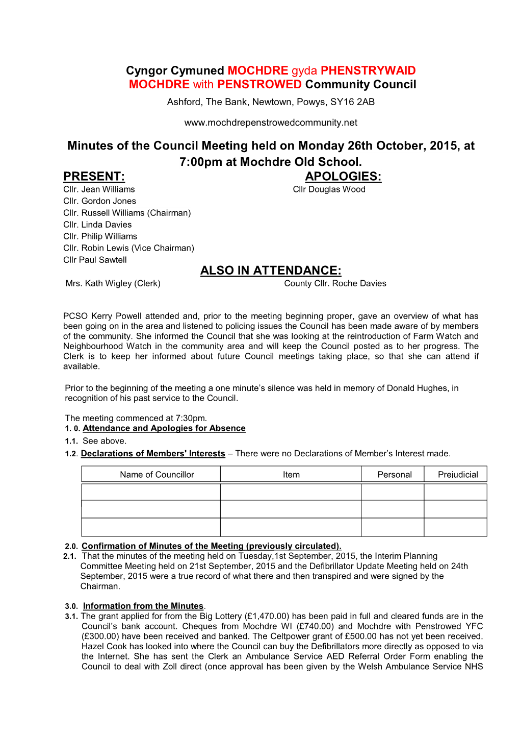 Minutes of the Council Meeting Held on Monday 26Th October, 2015, at 7:00Pm at Mochdre Old School