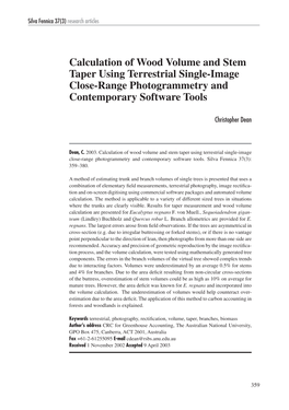 Calculation of Wood Volume and Stem Taper Using Terrestrial Single-Image Close-Range Photogrammetry and Contemporary Software Tools