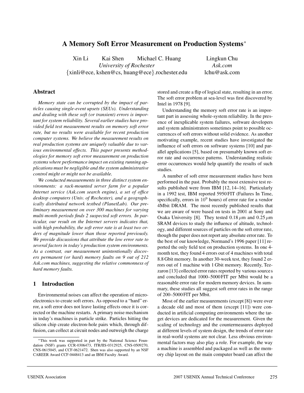 A Memory Soft Error Measurement on Production Systems∗