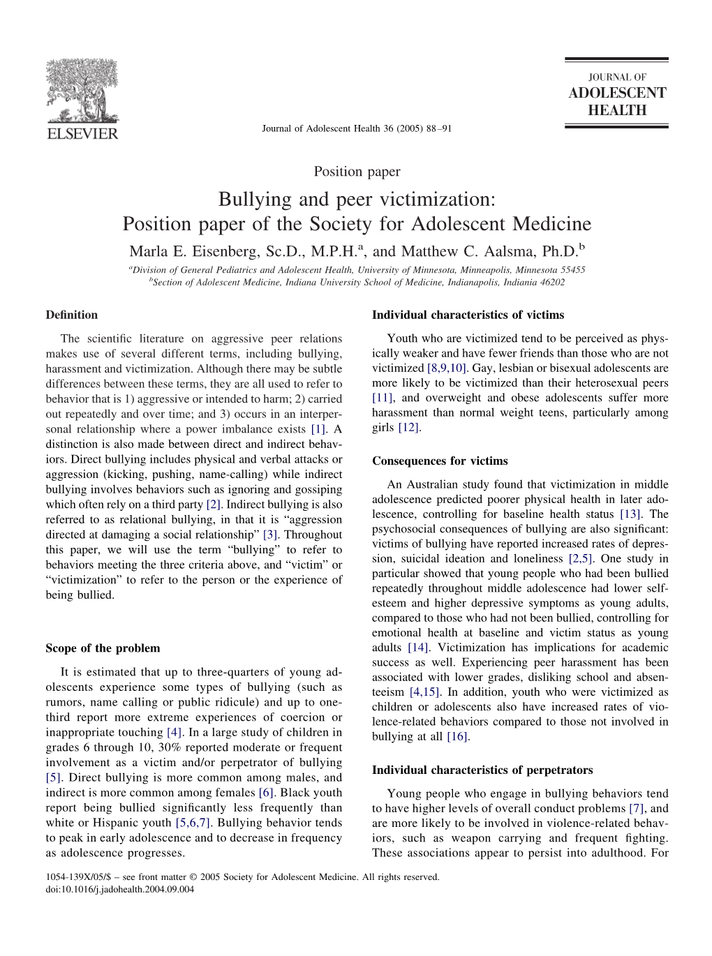 Bullying and Peer Victimization: Position Paper of the Society for Adolescent Medicine Marla E
