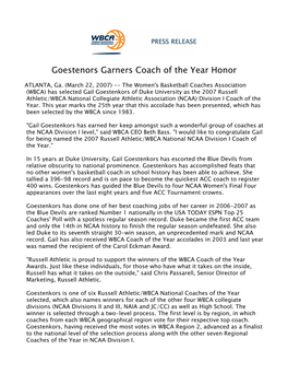 Goestenors Garners Coach of the Year Honor 2006-07 032207