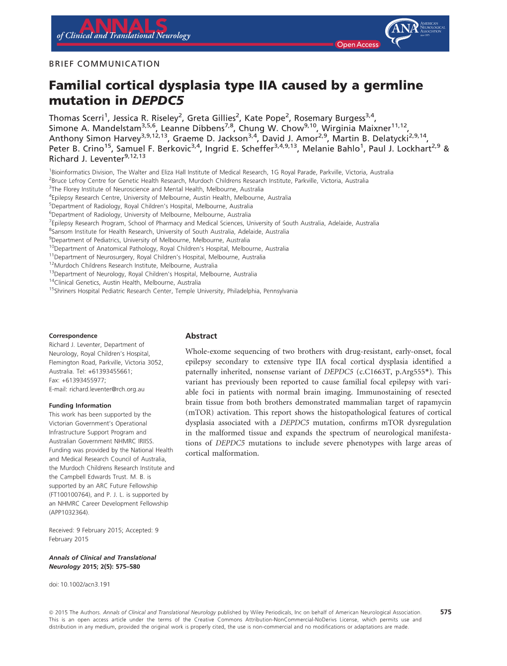 Familial Cortical Dysplasia Type IIA Caused by a Germline Mutation in DEPDC5 Thomas Scerri1, Jessica R