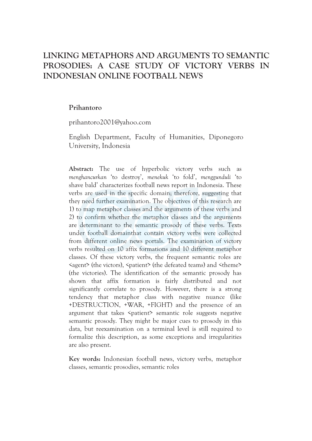 Linking Metaphors and Arguments to Semantic Prosodies: a Case Study of Victory Verbs in Indonesian Online Football News