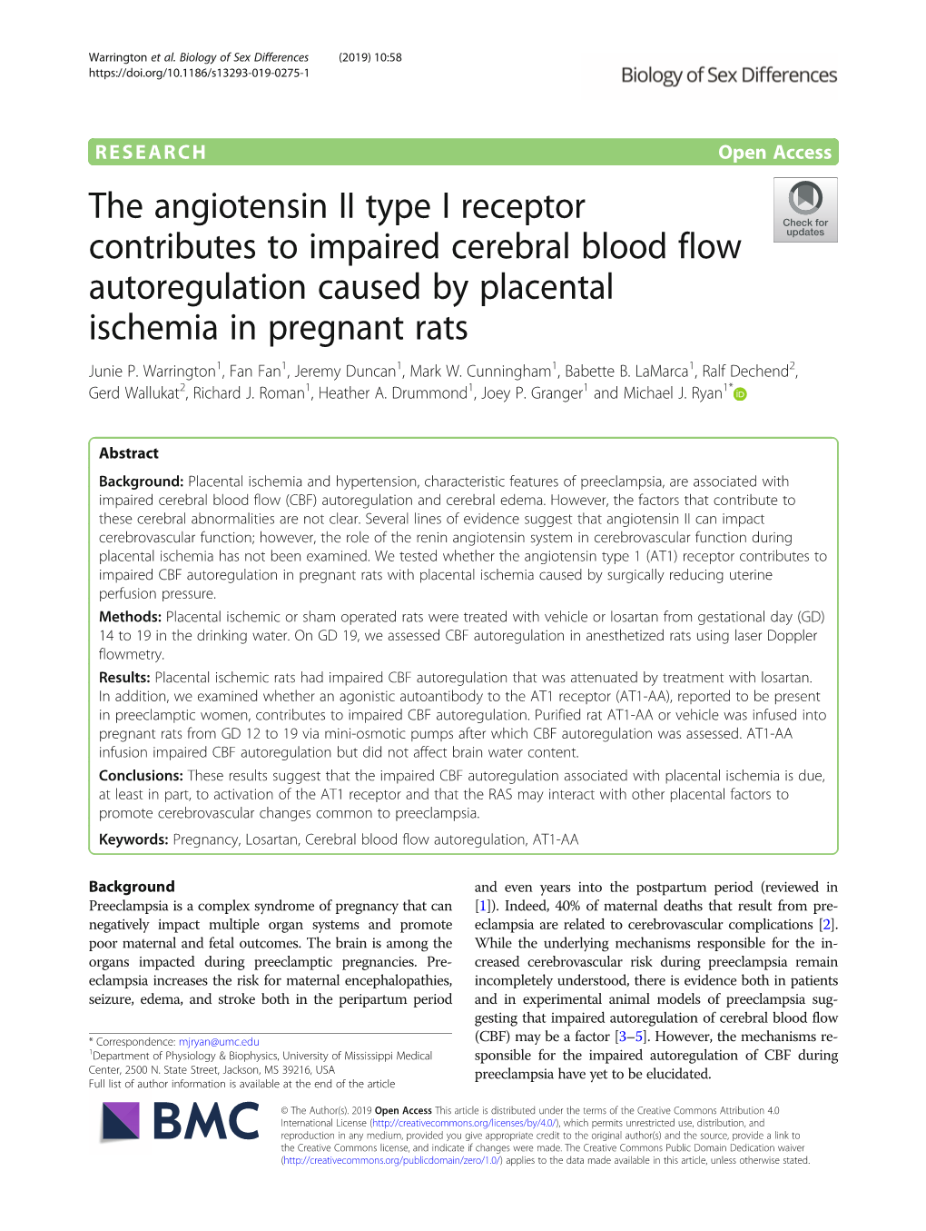 The Angiotensin II Type I Receptor Contributes to Impaired Cerebral Blood Flow Autoregulation Caused by Placental Ischemia in Pregnant Rats Junie P