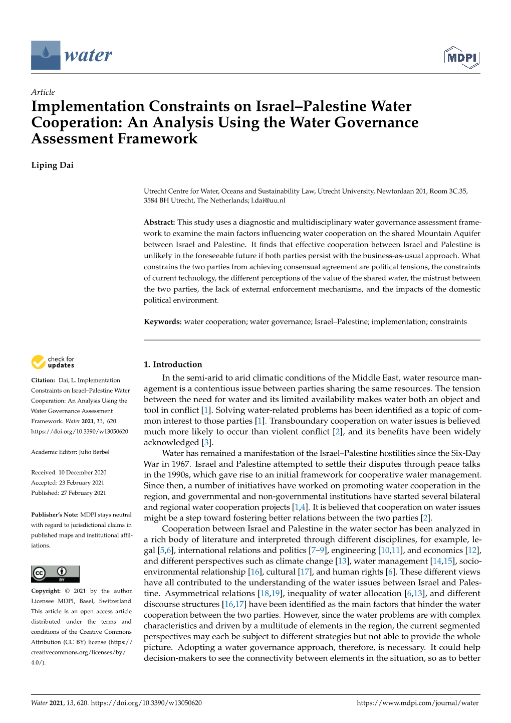 Implementation Constraints on Israel–Palestine Water Cooperation: an Analysis Using the Water Governance Assessment Framework