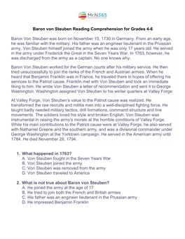 Baron Von Steuben Reading Comprehension for Grades 4-6