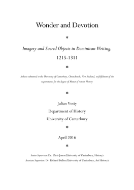 Wonder and Devotion * Imagery and Sacred Objects in Dominican Writing, 1215-1311 *