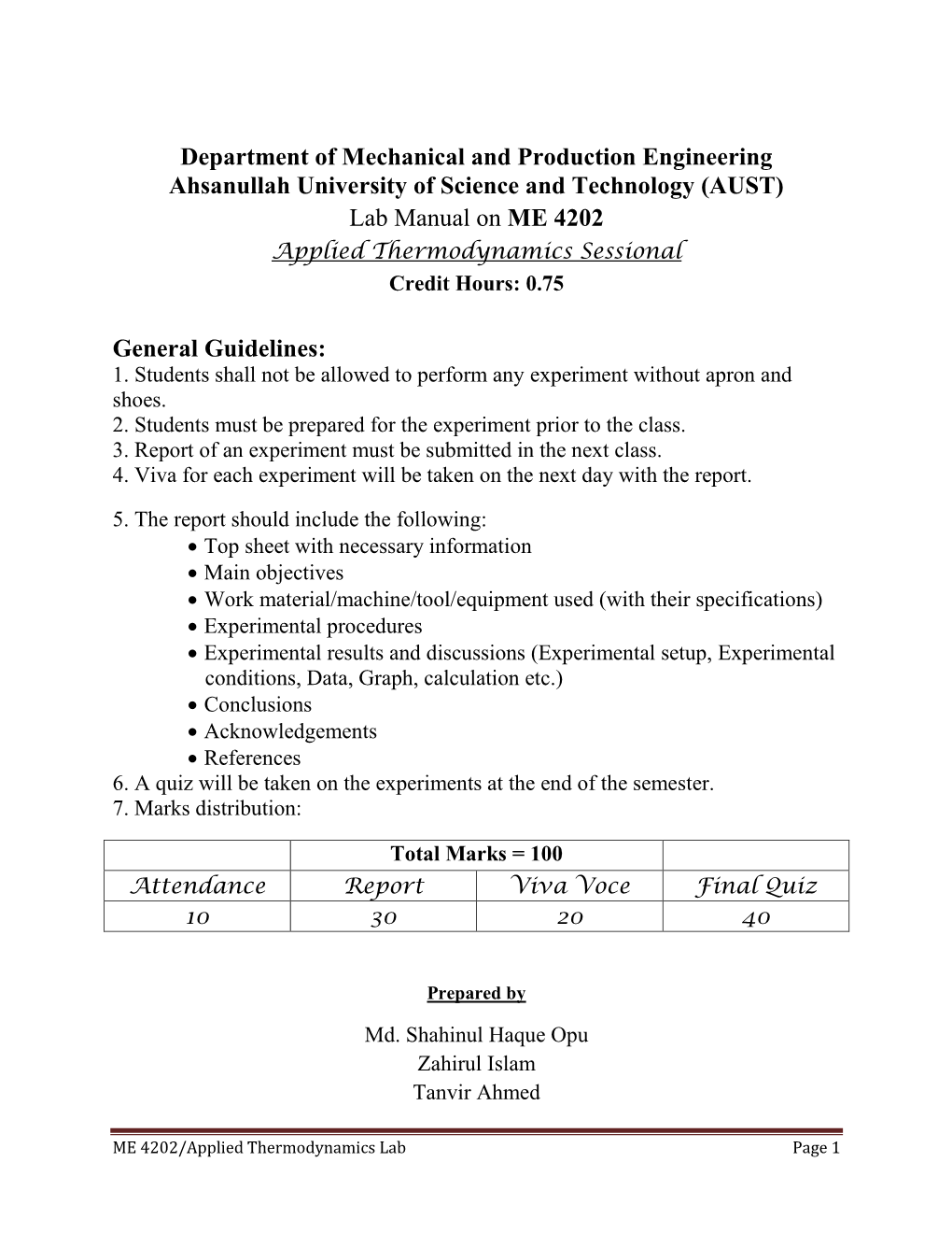 (AUST) Lab Manual on ME 4202 Applied Thermodynamics Sessional Credit Hours: 0.75