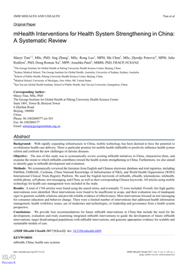 Mhealth Interventions for Health System Strengthening in China: a Systematic Review