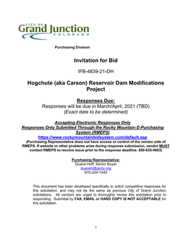 Invitation for Bid Hogchute (Aka Carson) Reservoir Dam