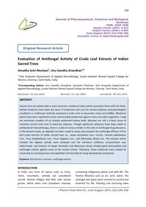 Evaluation of Antifungal Activity of Crude Leaf Extracts of Indian Sacred Trees Amudha Selvi Muniyan1, Anu Swedha Anandhan2*