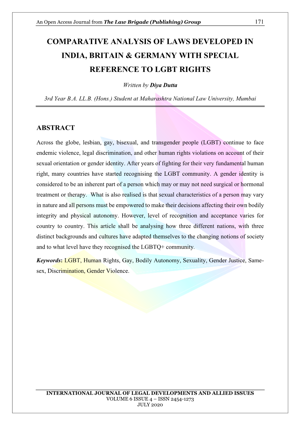 Comparative Analysis of Laws Developed in India, Britain & Germany with Special Reference to Lgbt Rights