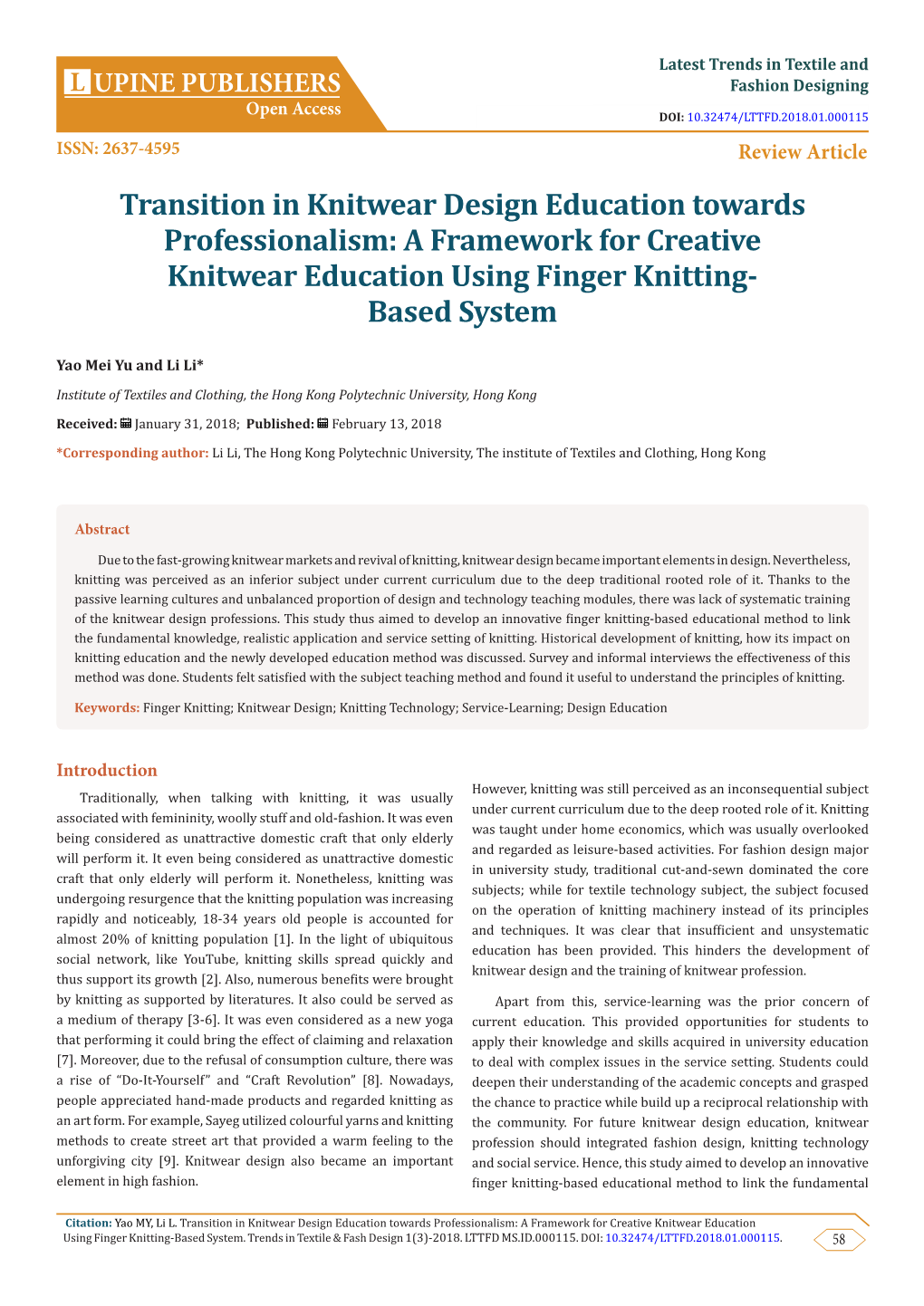 Transition in Knitwear Design Education Towards Professionalism: a Framework for Creative Knitwear Education Using Finger Knitting- Based System