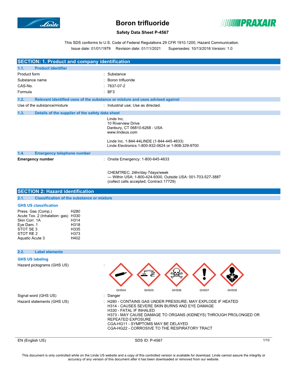 Boron Trifluoride Safety Data Sheet