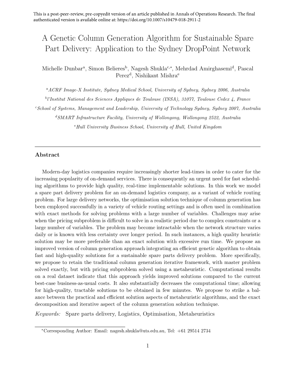 A Genetic Column Generation Algorithm for Sustainable Spare Part Delivery: Application to the Sydney Droppoint Network