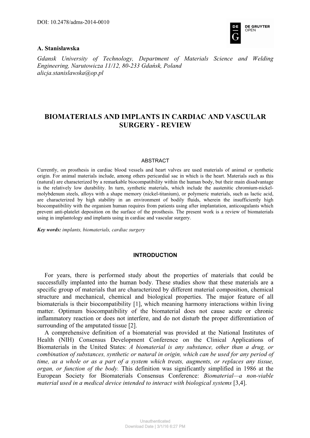 Biomaterials and Implants in Cardiac and Vascular Surgery - Review