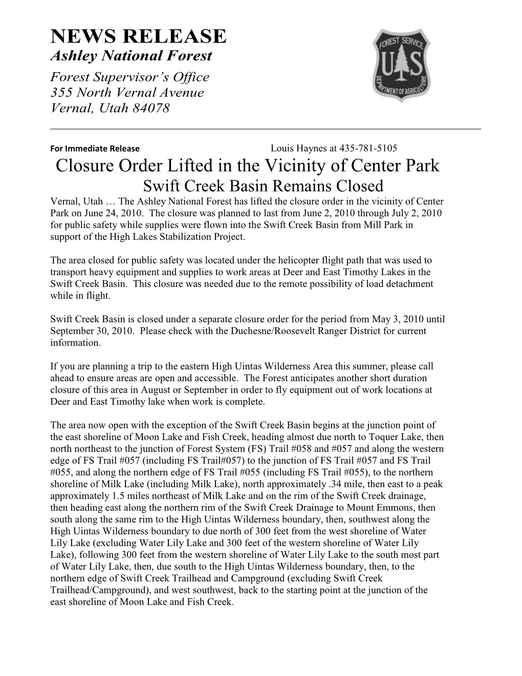 NEWS RELEASE Ashley National Forest Forest Supervisor’S Office 355 North Vernal Avenue Vernal, Utah 84078