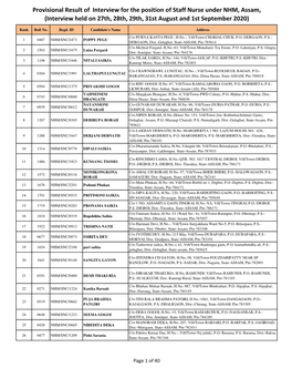 Provisional Result of Interview for the Position of Staff Nurse Under NHM, Assam, (Interview Held on 27Th, 28Th, 29Th, 31St August and 1St September 2020)