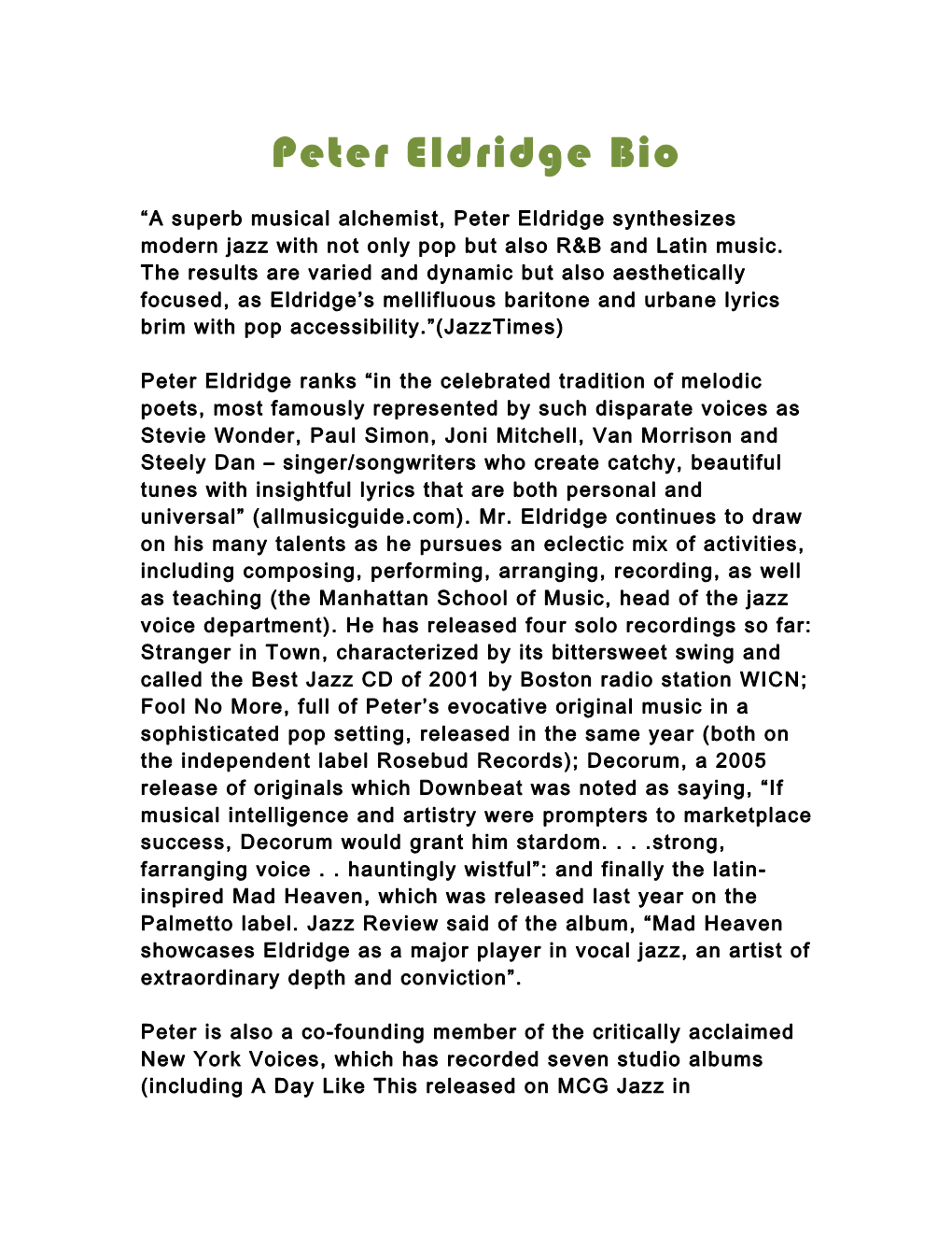 Peter Eldridge Bio