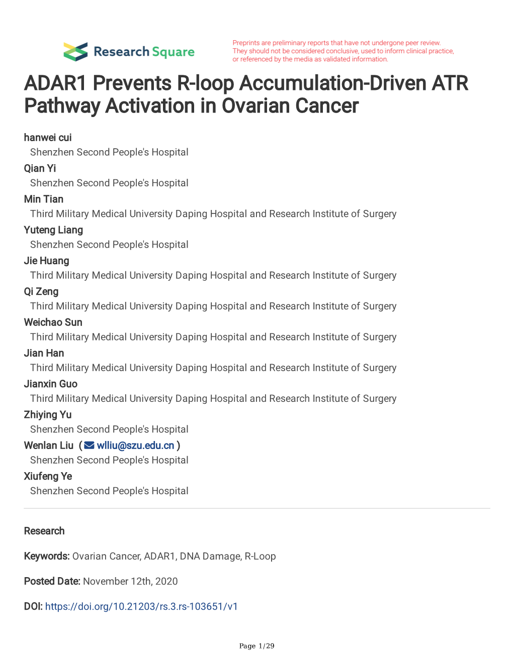 ADAR1 Prevents R-Loop Accumulation-Driven ATR Pathway Activation In