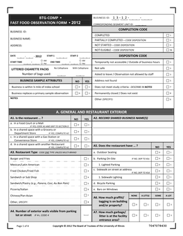 Fast Food Observation Form ▪ 2012 Corresponding Segment Unit Id