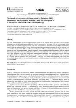 Taxonomic Reassessment of Blanus Strauchi (Bedriaga, 1884) (Squamata: Amphisbaenia: Blanidae), with the Description of a New Species from South-East Anatolia (Turkey)