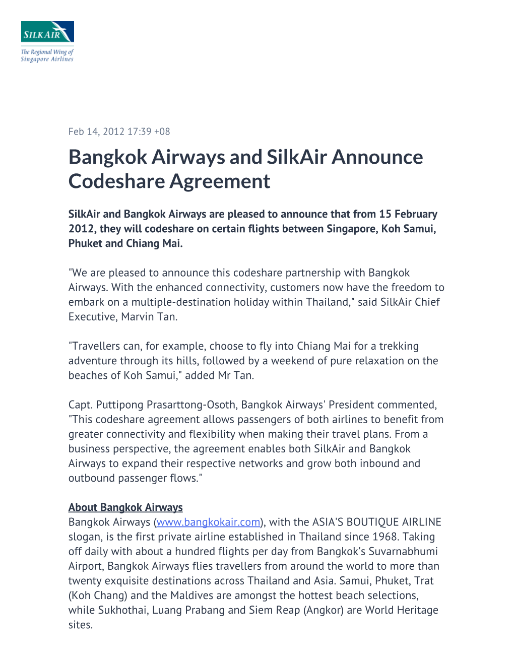 Bangkok Airways and Silkair Announce Codeshare Agreement