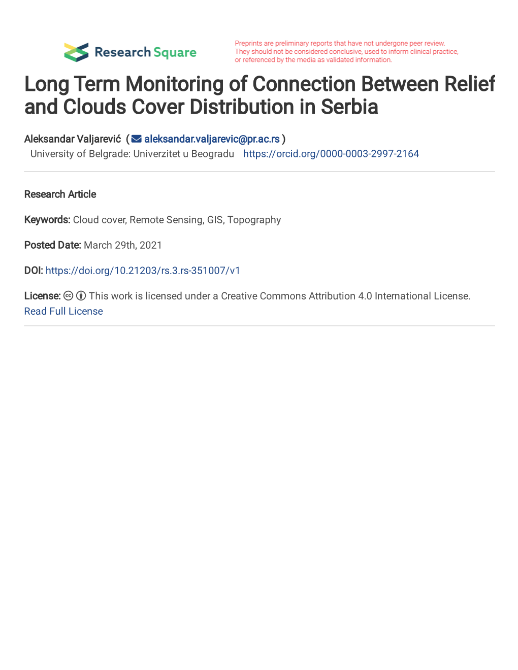 Long Term Monitoring of Connection Between Relief and Clouds Cover Distribution in Serbia Abstract
