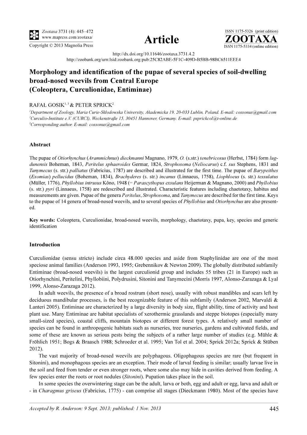 Morphology and Identification of the Pupae of Several Species of Soil-Dwelling Broad-Nosed Weevils from Central Europe (Coleoptera, Curculionidae, Entiminae)