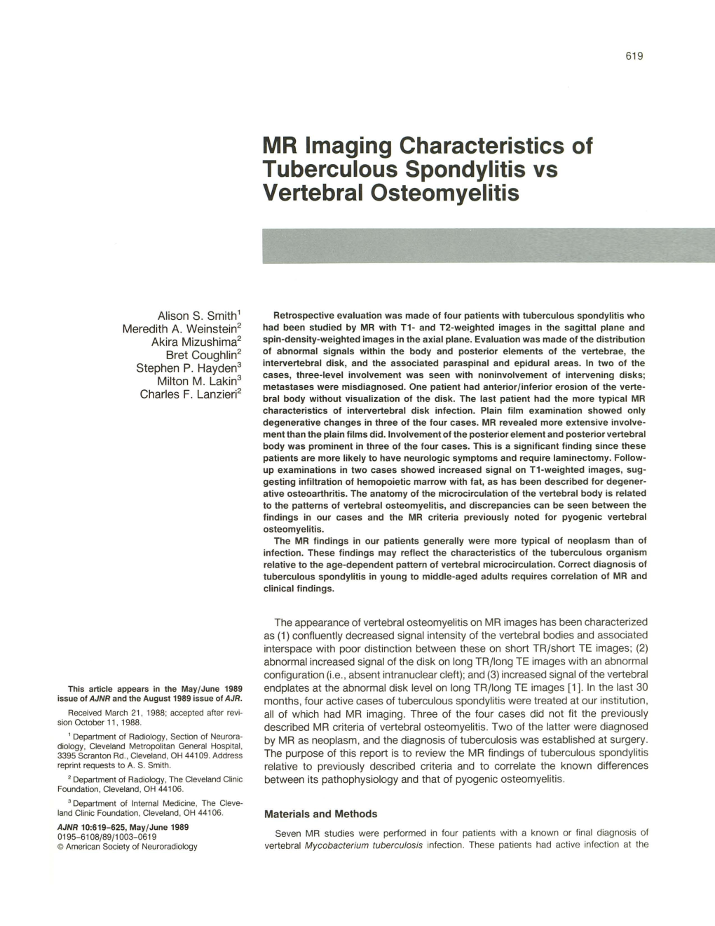MR Imaging Characteristics of Tuberculous Spondylitis Vs Vertebral Osteomyelitis