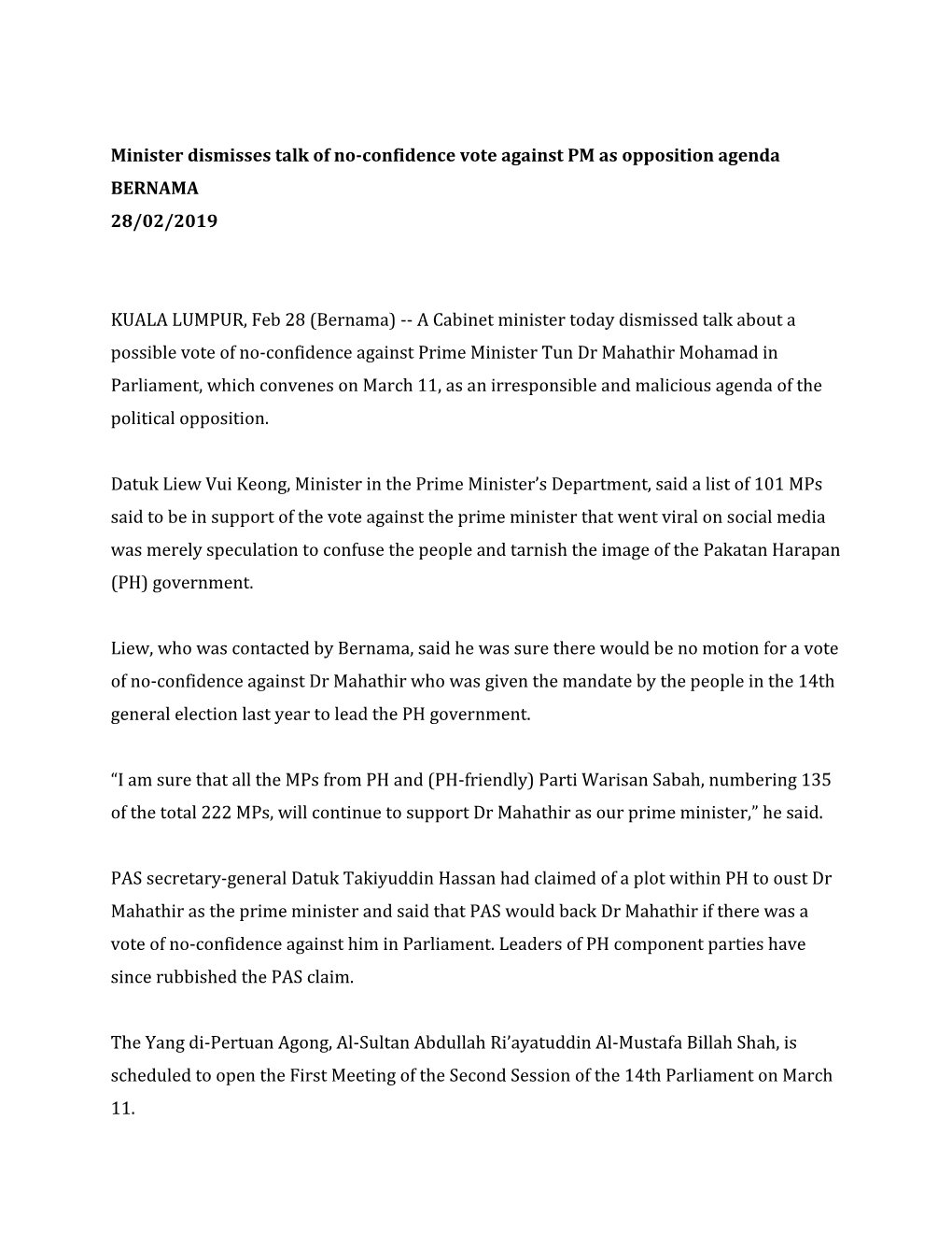 Minister Dismisses Talk of No-Confidence Vote Against PM As Opposition Agenda BERNAMA 28/02/2019