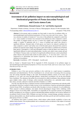 Assessment of Air Pollution Impact on Micromorphological and Biochemical Properties of Pentas Lanceolata Forssk