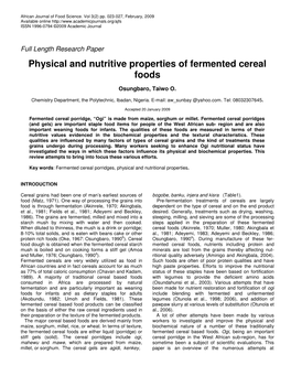 Physical and Nutritive Properties of Fermented Cereal Foods