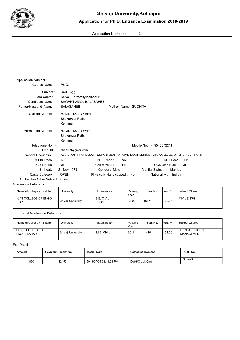 Shivaji University,Kolhapur Application for Ph.D