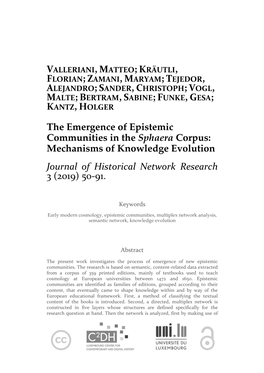 The Emergence of Epistemic Communities in the Sphaera Corpus: Mechanisms of Knowledge Evolution Journal of Historical Network Research 3 (2019) 50-91
