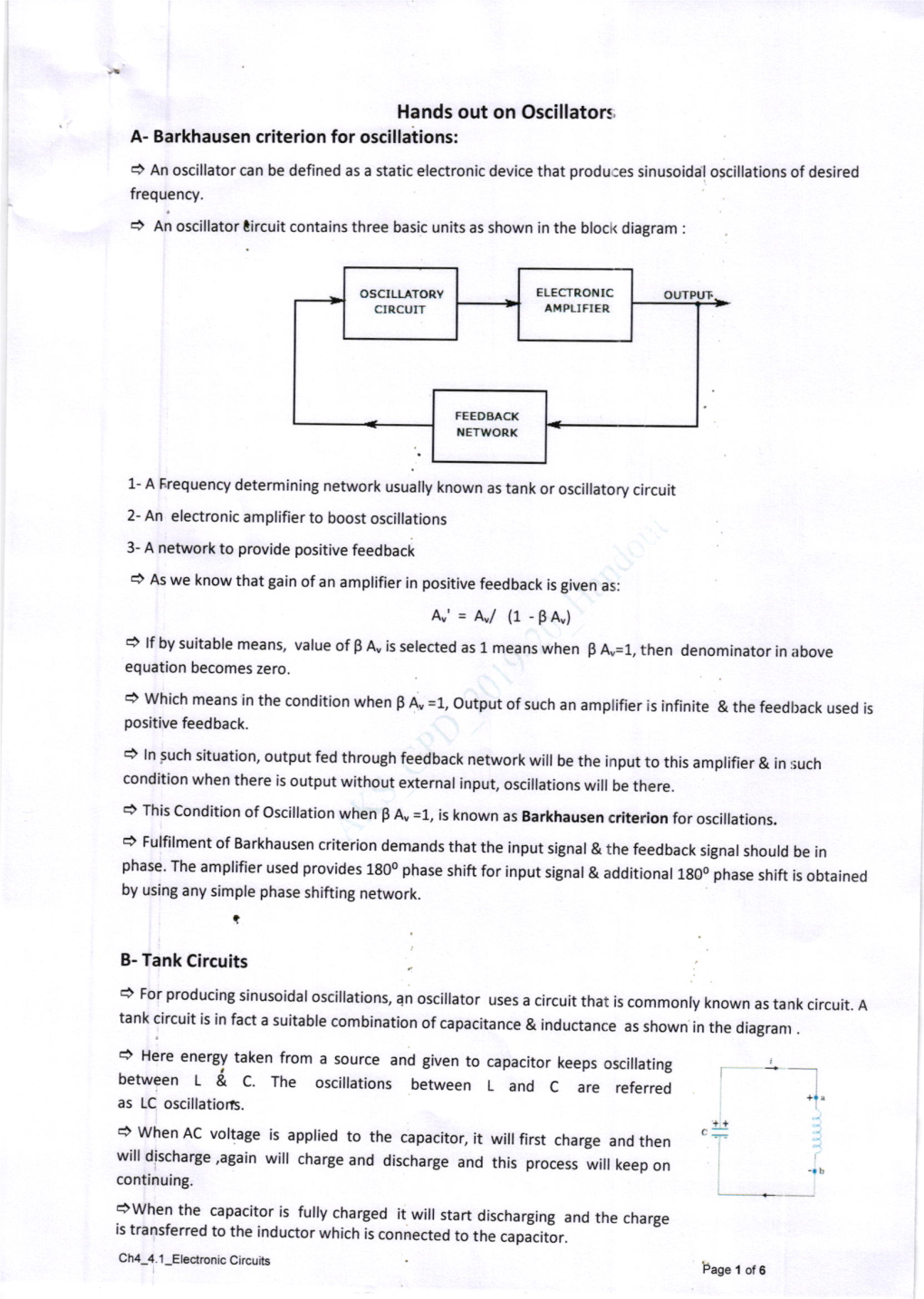 Hands out on Oscillatorc, A- Barkhausen Criterion for Oscillations