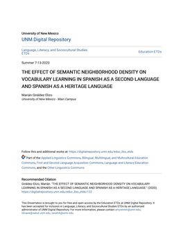 The Effect of Semantic Neighborhood Density on Vocabulary Learning in Spanish As a Second Language and Spanish As a Heritage Language