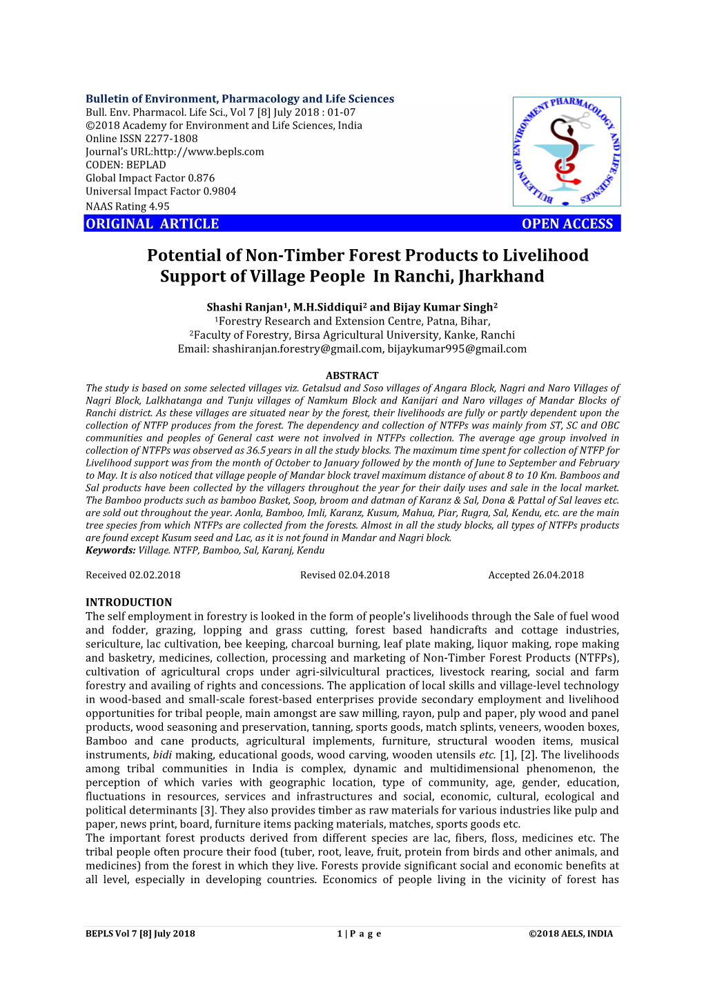 Potential of Non-Timber Forest Products to Livelihood Support of Village People in Ranchi, Jharkhand