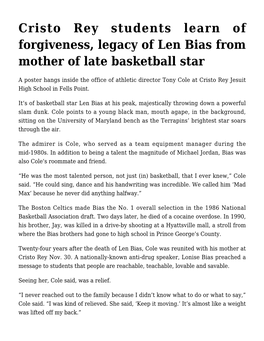 Cristo Rey Students Learn of Forgiveness, Legacy of Len Bias from Mother of Late Basketball Star