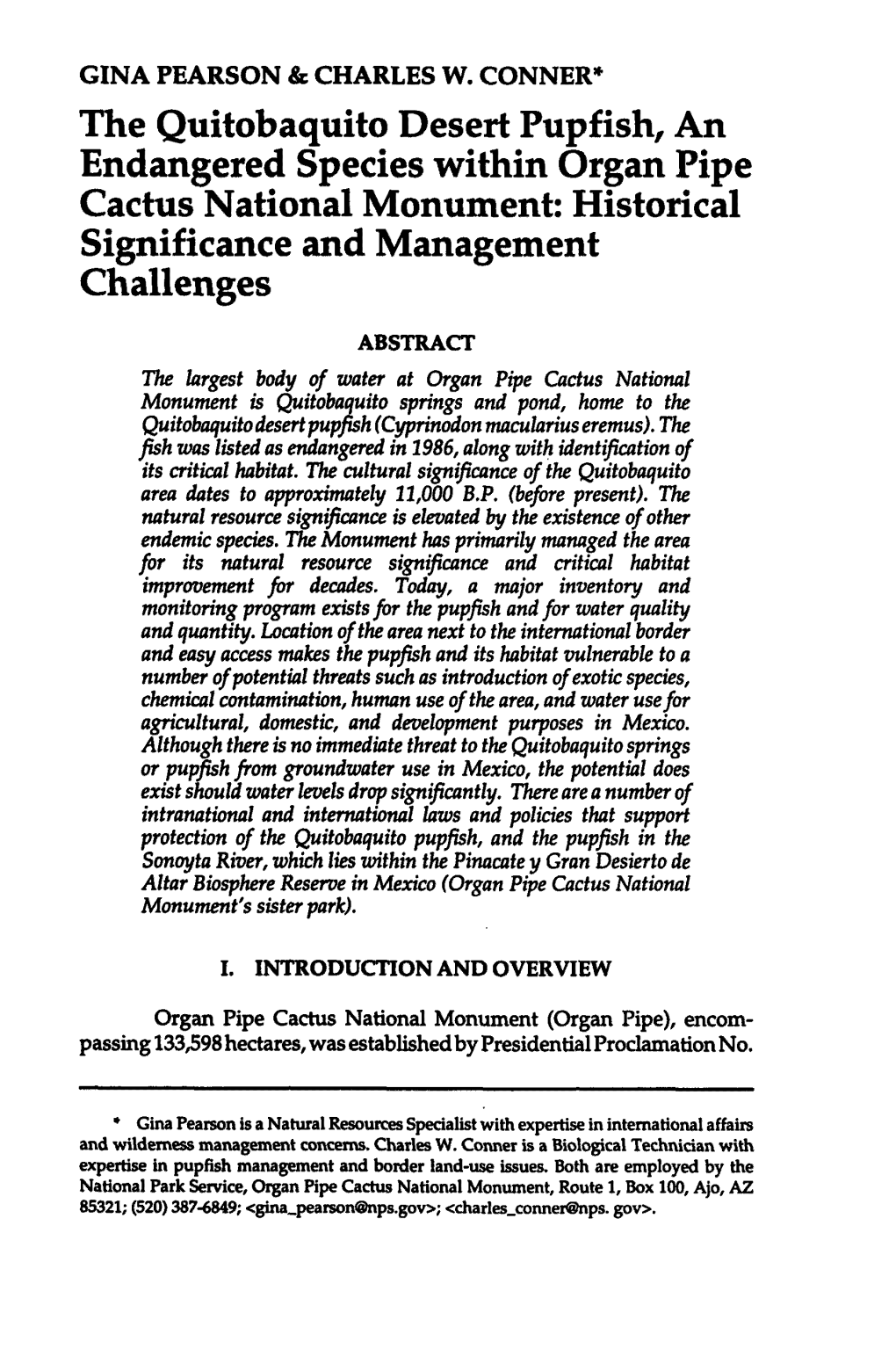 The Quitobaquito Desert Pupfish, an Endangered Species Within Organ Pipe Cactus National Monument: Historical Significance and Management Challenges