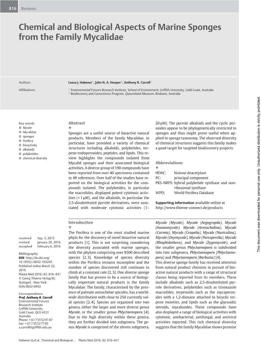 Chemical and Biological Aspects of Marine Sponges from the Family Mycalidae