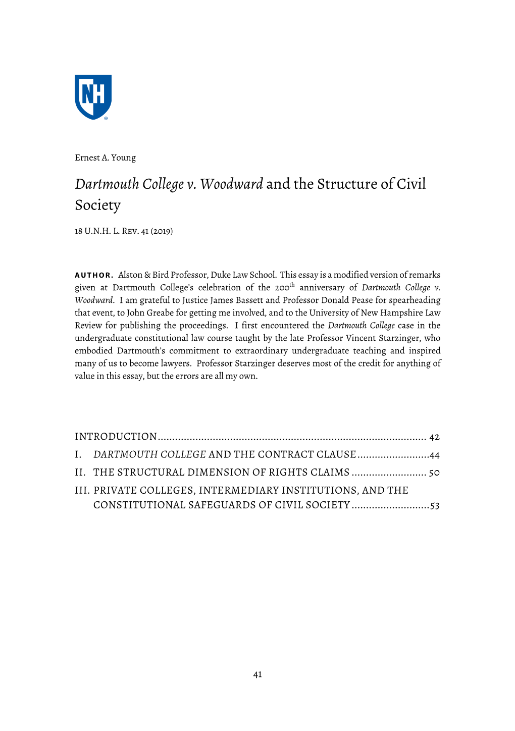 Dartmouth College V. Woodward and the Structure of Civil Society