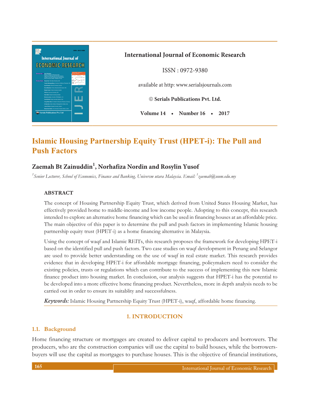 Islamic Housing Partnership Equity Trust (HPET-I): the Pull and Push Factors