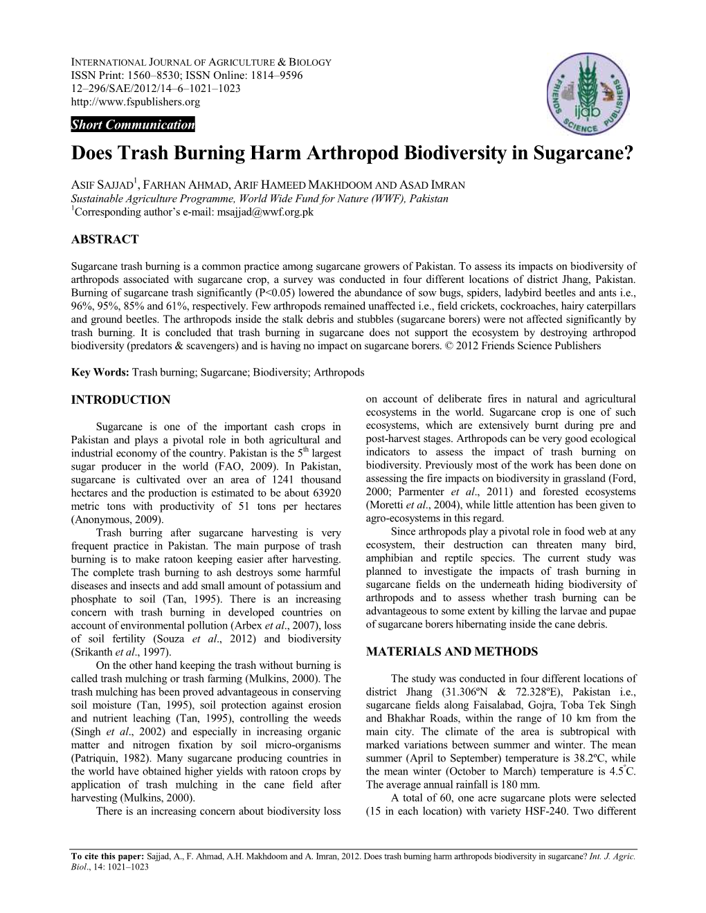 Does Trash Burning Harm Arthropod Biodiversity in Sugarcane?