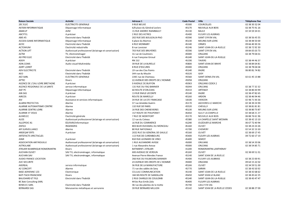 Raison Sociale Activité Adresse 1 Code Postal Ville Téléphone Fixe 2EC ELEC ELECTRICITE GENERALE 9 RUE NEUVE 45300 COURCELLES