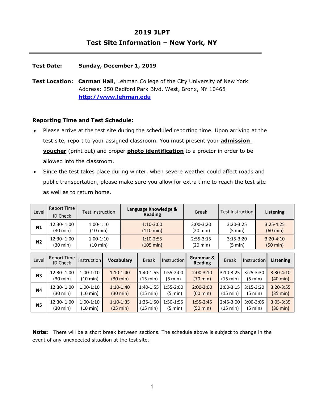 2019 JLPT Test Site Information – New York, NY